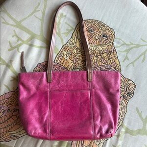HOBO Distressed Pink Leather Small Tote Bag with Double Tan Shoulder Straps